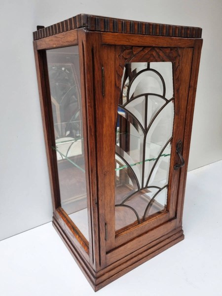 Antique art deco oak display cabinet stained glass